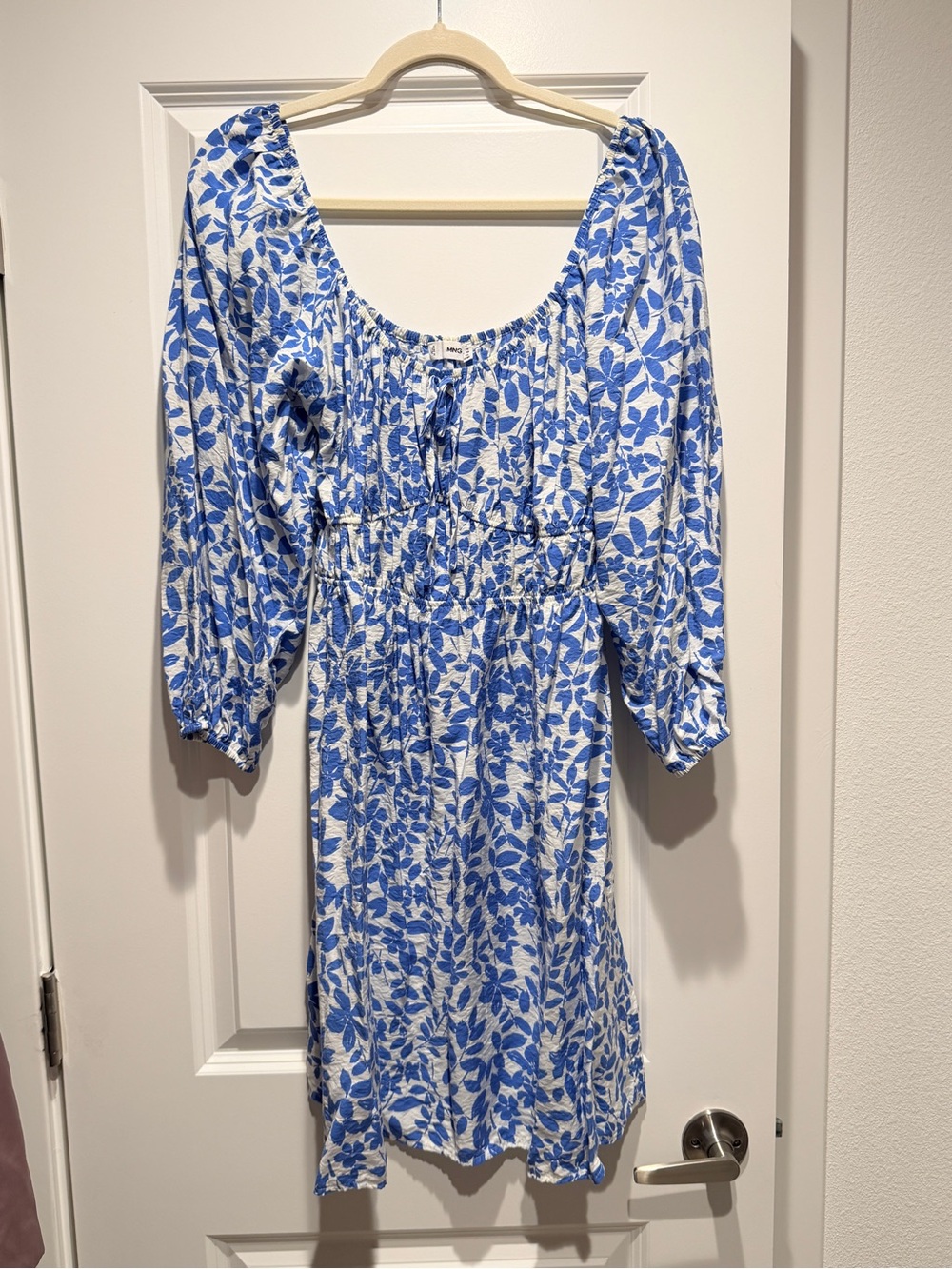 Mango Blue and White Floral Mini Dress with Puff Sleeves